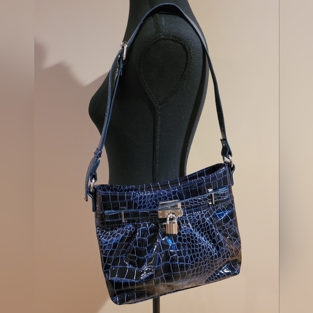 JESSICA Faux Patent Leather Bag, Dark Blue Croc Pattern, Adjustable Strap - Picture 2 of 16